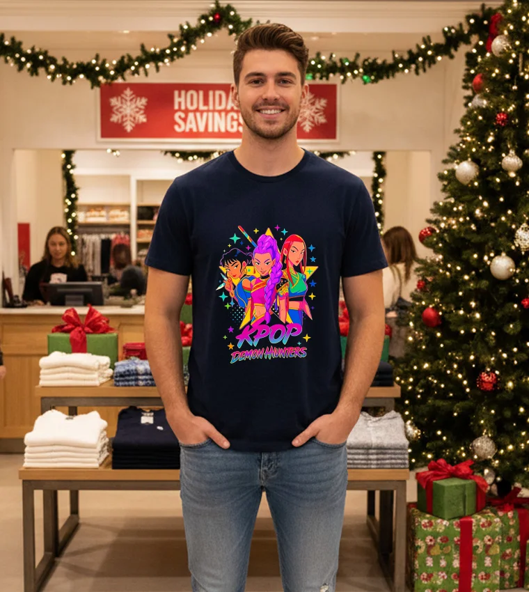 Huntrix Battle Squad Rumi Mira & Zoey From Kpop Demon Hunters - navy-t-shirt Huntrix Battle Squad Rumi Mira & Zoey From Kpop Demon Hunters Navy T Shirt