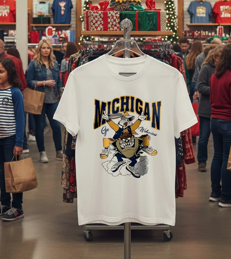 Michigan Go Wolverines Looney Tunes Bugs Bunny And Tasmanian Devil - white-t-shirt Michigan Go Wolverines Looney Tunes Bugs Bunny And Tasmanian Devil White T Shirt