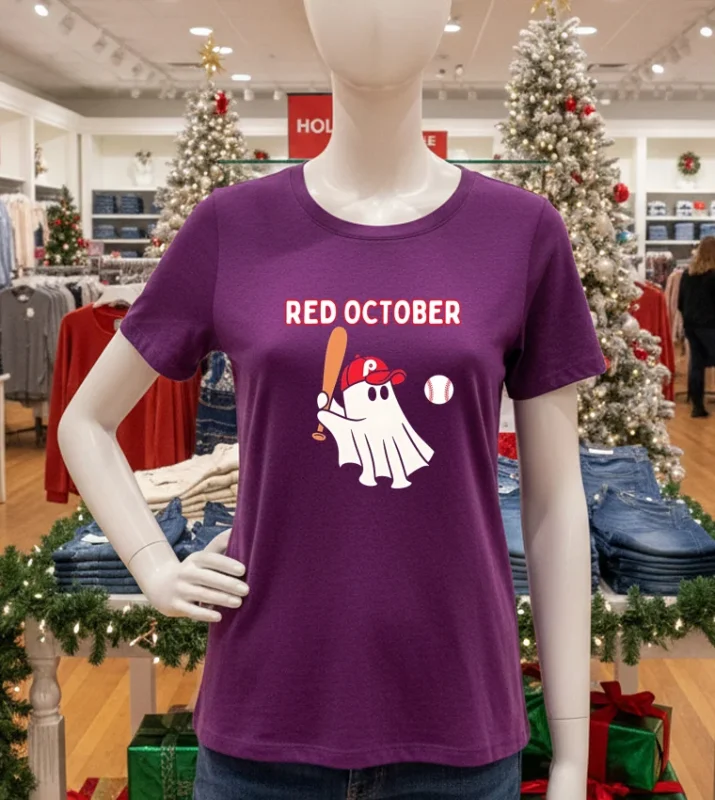 Phillies Red October Ghost Halloween Baseball   Purple T Shirt