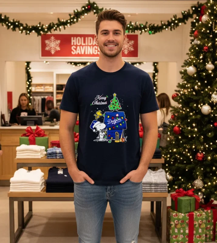 Snoopy And Woodstock Los Angeles Godgers 2024 World Champions Cup Merry Christmas   Navy T Shirt