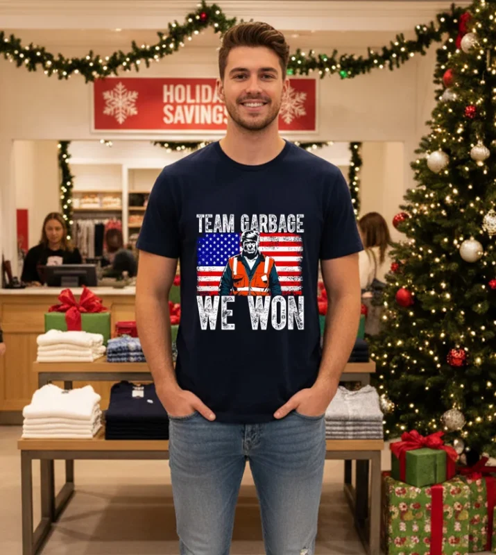Team Garbage We Won Trump America Flag Retro   Navy T Shirt