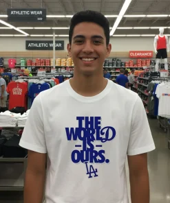 The World Is Ours Back 2 Back Los Angeles Dodgers 2025 White T Shirt 1