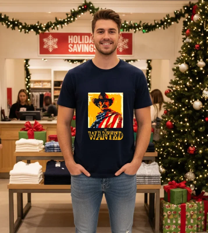 Wanted Cowboy With American Flag   Navy T Shirt