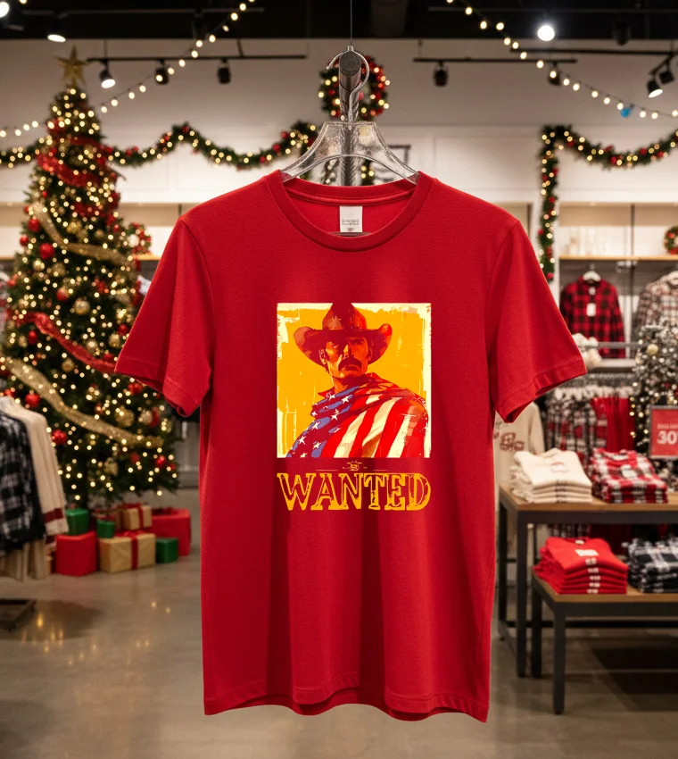 Wanted Cowboy With American Flag - red-t-shirt Wanted Cowboy With American Flag Red T Shirt